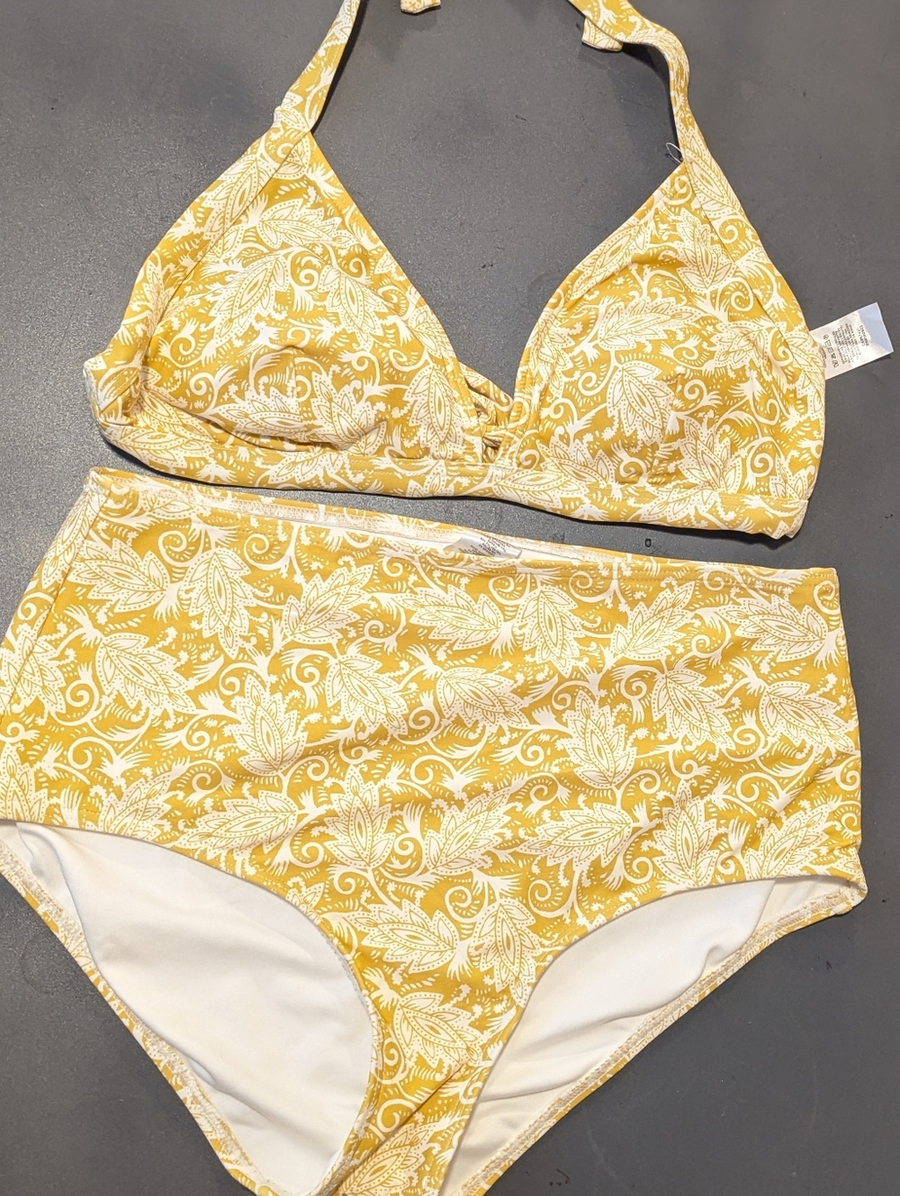 Ann Taylor Mustard Yellow White Print High Waist Bikini Full Coverage Size M/L